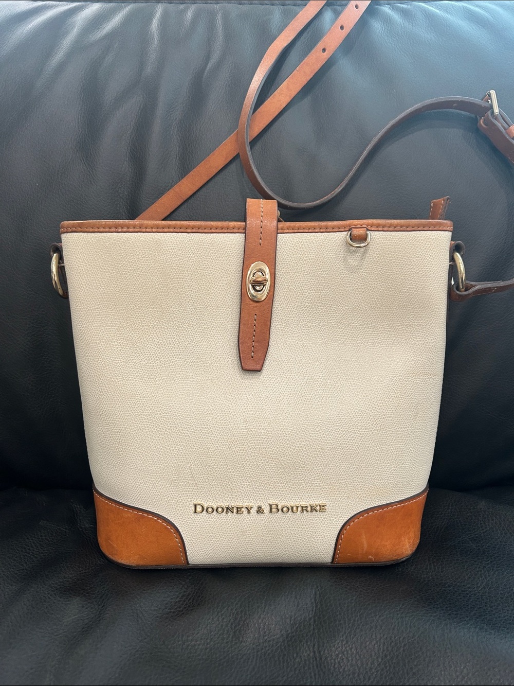 Dooney & Bourke Cream and Tan Leather Trim Crossbody Bag 11”X9”5’X4”